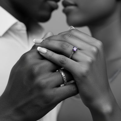 LUNAR KIT – PAR DE ALIANÇAS (SOLITÁRIO + ANEL LUNAR) EM PRATA 925 COM ZIRCÔNIA ROXA