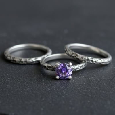 LUNAR KIT – PAR DE ALIANÇAS (SOLITÁRIO + ANEL LUNAR) EM PRATA 925 COM ZIRCÔNIA ROXA