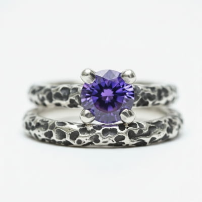 LUNAR – PAR DE ALIANÇAS (SOLITÁRIO + ANEL LUNAR) EM PRATA 925 COM ZIRCÔNIA ROXA