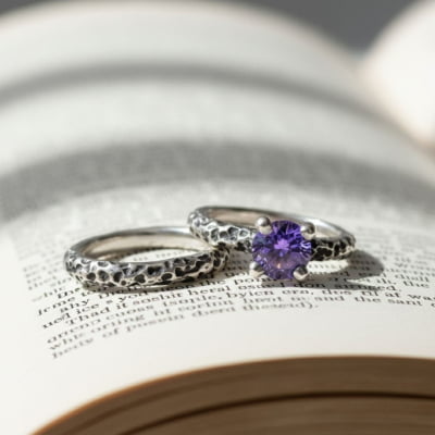 LUNAR – PAR DE ALIANÇAS (SOLITÁRIO + ANEL LUNAR) EM PRATA 925 COM ZIRCÔNIA ROXA