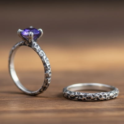 LUNAR – PAR DE ALIANÇAS (SOLITÁRIO + ANEL LUNAR) EM PRATA 925 COM ZIRCÔNIA ROXA