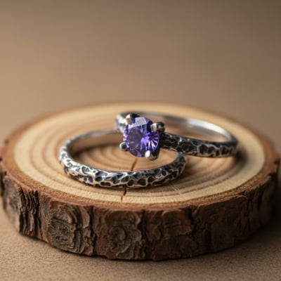 LUNAR – PAR DE ALIANÇAS (SOLITÁRIO + ANEL LUNAR) EM PRATA 925 COM ZIRCÔNIA ROXA