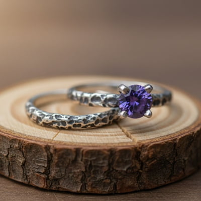 LUNAR – PAR DE ALIANÇAS (SOLITÁRIO + ANEL LUNAR) EM PRATA 925 COM ZIRCÔNIA ROXA