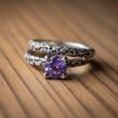 LUNAR – PAR DE ALIANÇAS (SOLITÁRIO + ANEL LUNAR) EM PRATA 925 COM ZIRCÔNIA ROXA