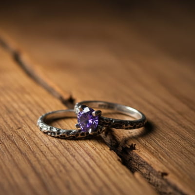 LUNAR – PAR DE ALIANÇAS (SOLITÁRIO + ANEL LUNAR) EM PRATA 925 COM ZIRCÔNIA ROXA