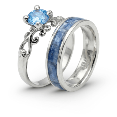 MOSAICO DUO – CONJUNTO EM PRATA 925 (CIANITA AZUL NATURAL + SOLITÁRIO FRIGG ZIRCÔNIA AZUL CLARO)