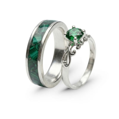 Mosaico Duo – Conjunto em Prata 925 com Malaquita Natural e Solitário Frigg com Zircônia Verde