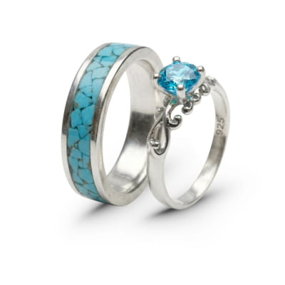 Mosaico Duo – Conjunto em Prata 925 com Turquesa Natural e Solitário Frigg com Zircônia Azul Claro