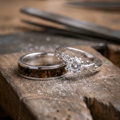 Mosaico Duo – Conjunto em Prata 925 com Grãos Torrados de Café e Solitário Frigg com Zircônia Branca