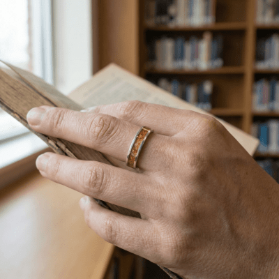 Mosaico – Par de Alianças em Prata 925 com Mosaico de Pedra Natural Ágata de Fogo