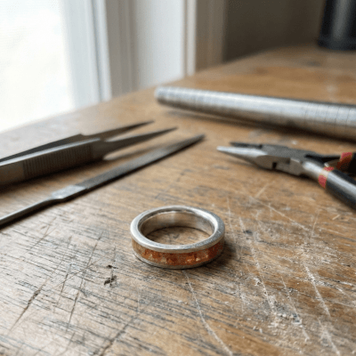 Mosaico – Par de Alianças em Prata 925 com Mosaico de Pedra Natural Ágata de Fogo