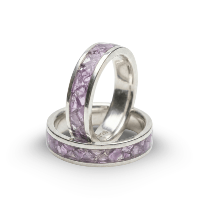 MOSAICO – PAR DE ALIANÇAS DE PRATA 925 COM MOSAICO DE PEDRA NATURAL AMETISTA
