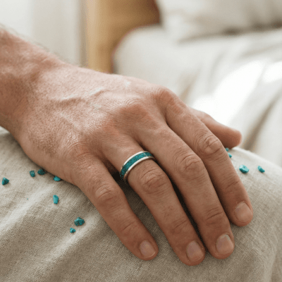 Mosaico – Par de Alianças em Prata 925 com Mosaico de Pedra Natural Crisocola