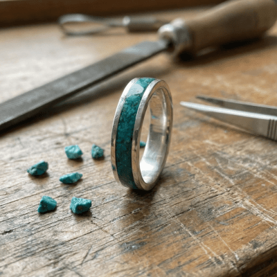 Mosaico – Par de Alianças em Prata 925 com Mosaico de Pedra Natural Crisocola