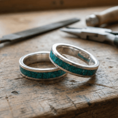 Mosaico – Par de Alianças em Prata 925 com Mosaico de Pedra Natural Crisocola