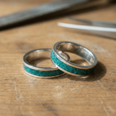 Mosaico – Par de Alianças em Prata 925 com Mosaico de Pedra Natural Crisocola