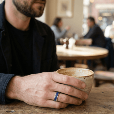Mosaico – Par de Alianças em Prata 925 com Mosaico de Pedra Natural Lápis-Lazúli