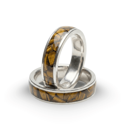 MOSAICO – PAR DE ALIANÇAS DE PRATA 925 COM MOSAICO DE PEDRA NATURAL OLHO DE TIGRE