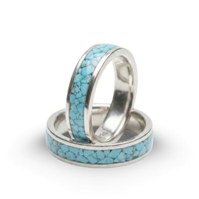 Mosaico – Par de Alianças de Prata 925 com Mosaico de Pedra Natural Turquesa