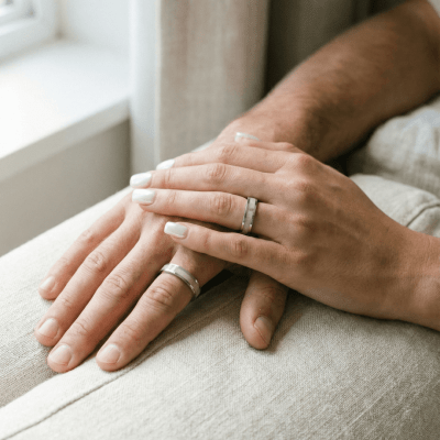 Mosaico – Par de Alianças em Prata 925 com Mosaico de Pedra Natural Quartzo Rosa Mosaico – Par de Alianças em Prata 925 com Mosaico de Pedra Natural Quartzo Rosa