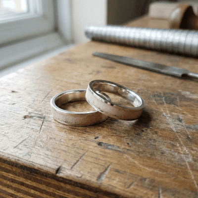 Par de Alianças em Prata 925 com Pedra Natural Quartzo Rosa – Mosaico