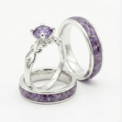 MOSAICO TRIO – CONJUNTO EM PRATA 925 (2 ANÉIS MOSAICO AMETISTA NATURAL + SOLITÁRIO FRIGG ZIRCÔNIA ROXA)