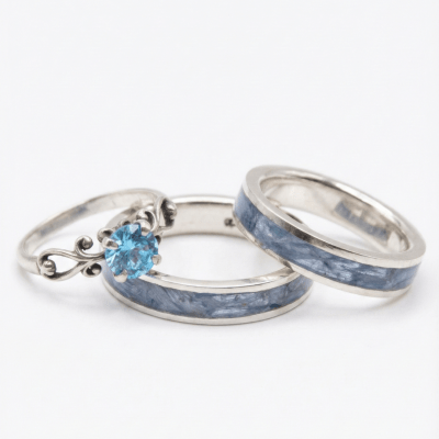 MOSAICO TRIO – CONJUNTO EM PRATA 925 (2 ANÉIS MOSAICO CIANITA AZUL NATURAL + SOLITÁRIO FRIGG ZIRCÔNIA AZUL CLARO)