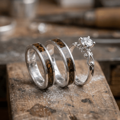 Mosaico Trio – Conjunto em Prata 925 com 2 Anéis Mosaico de Grãos Torrados de Café e Solitário Frigg com Zircônia Branca