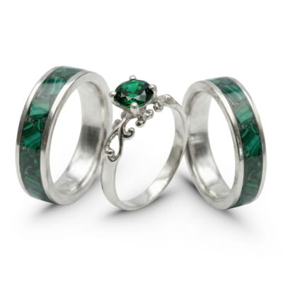 Mosaico Trio – Conjunto em Prata 925 com 2 Anéis Mosaico de Malaquita Natural e Solitário Frigg com Zircônia Verde