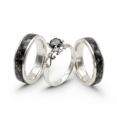 Mosaico Trio – Conjunto em Prata 925 com 2 Anéis Mosaico de OBSIDIANA PRETA Natural e Solitário Frigg com Zircônia PRETA  SEO