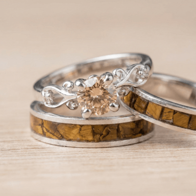 Conjunto em Prata 925 com Olho de Tigre Natural e Solitário Frigg com Zircônia Champagne – Mosaico Trio