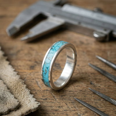 Mosaico Trio – Conjunto em Prata 925 com 2 Anéis Mosaico de Turquesa Natural e Solitário Frigg com Zircônia Azul Claro