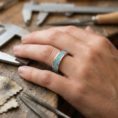 Mosaico Trio – Conjunto em Prata 925 com 2 Anéis Mosaico de Turquesa Natural e Solitário Frigg com Zircônia Azul Claro