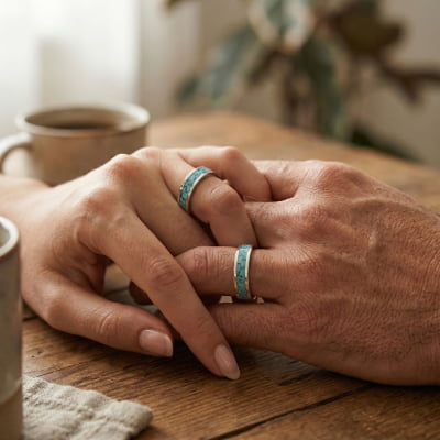 Mosaico Trio – Conjunto em Prata 925 com 2 Anéis Mosaico de Turquesa Natural e Solitário Frigg com Zircônia Azul Claro