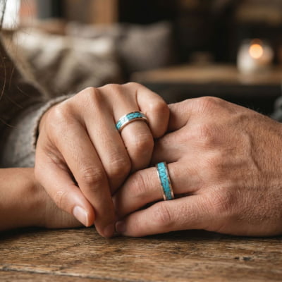 Mosaico Trio – Conjunto em Prata 925 com 2 Anéis Mosaico de Turquesa Natural e Solitário Frigg com Zircônia Azul Claro