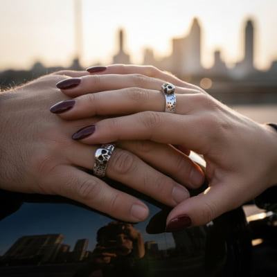 Par de Alianças Caveira Skull Love em Prata 925