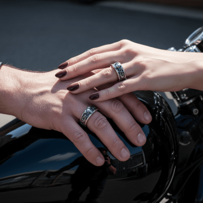 Par de Alianças Caveira Motociclista Skull Motor V800 em Prata 925